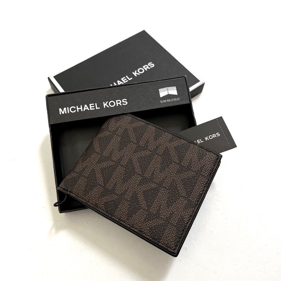 NWT 3pc MICHAEL KORS Slim Billfold Wallet Set Black Gray / Brown Navy Logo Boxed - Picture 9 of 16